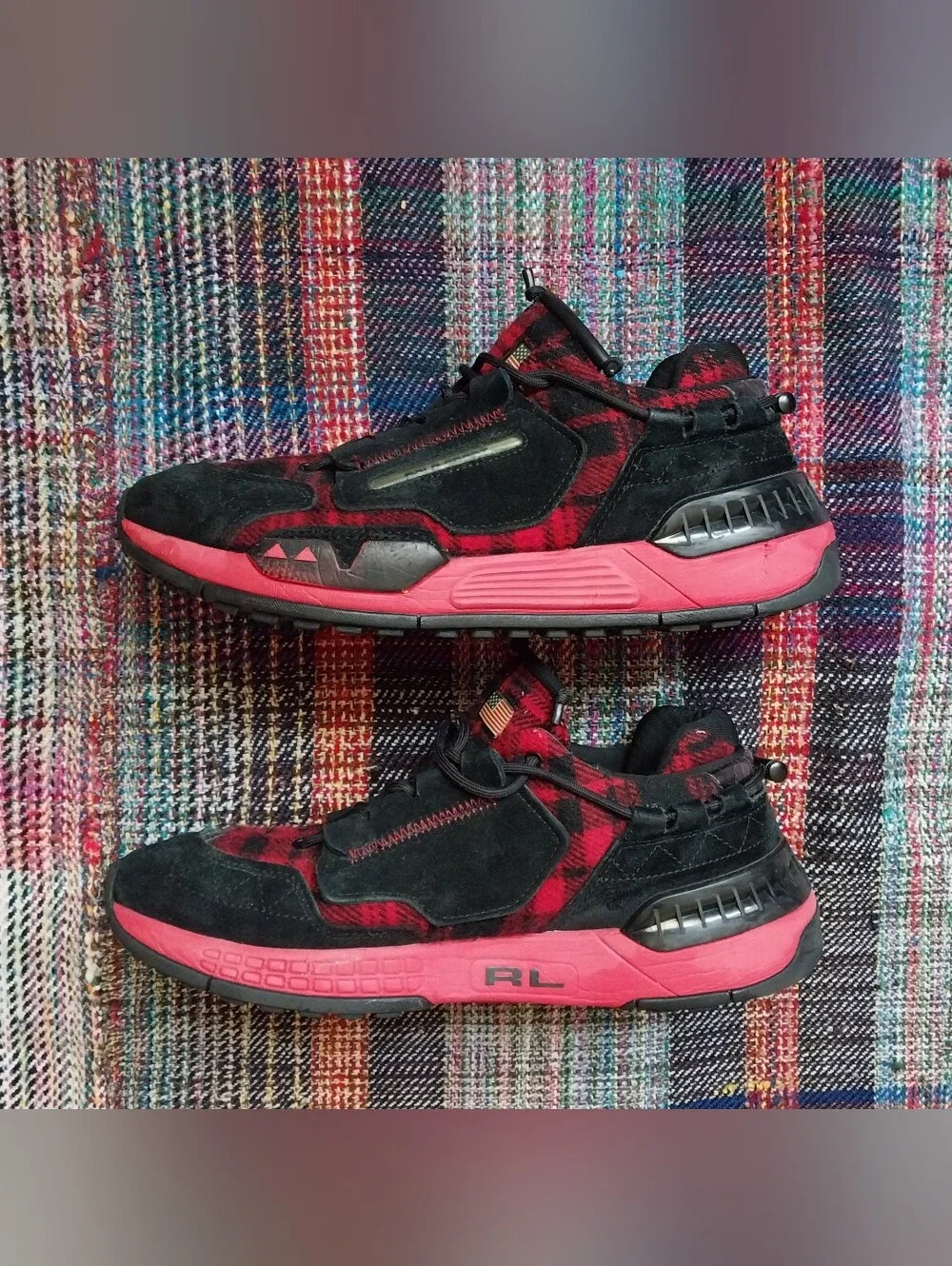 Polo Ralph Lauren PS200 Sport Black/Red Plaid Suede Sneaker Shoes Mens Sz 10.5